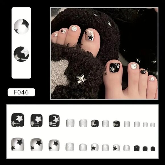 Nails Stars Fake Press On 24 Toenails Black Silver Metallic Vacation Glam Trendy - Picture 2 of 4